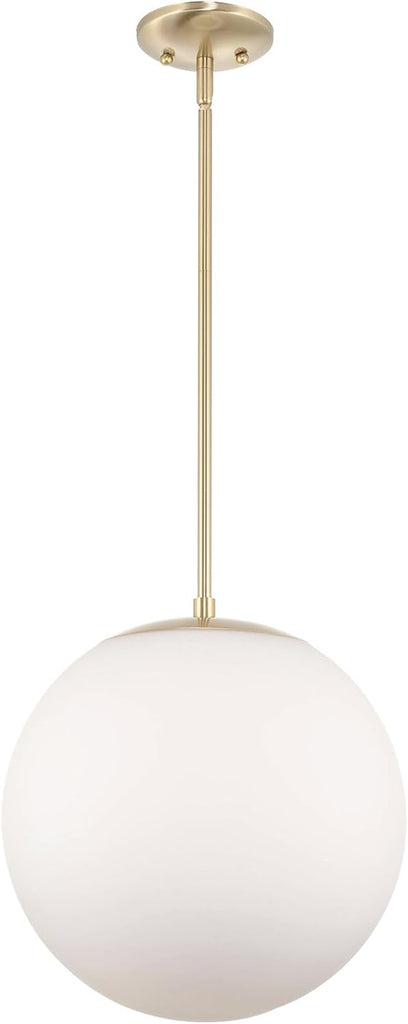 Ceres 14" Mid Century Modern Globe Pendant Light, Minimalist White Frosted Glass Orb Hanging Lamp, Cool Brass Finish