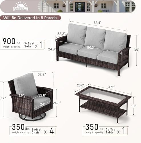 Wicker Outdoor Patio Furniture Set - Swivel | Grey with Thick Cushions for Backyard, Garden & Porch