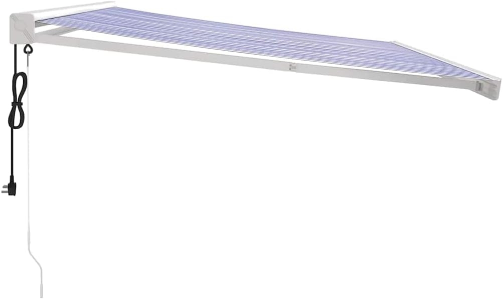 Motorized Retractable Patio Awning 4X Blue White Aluminum Folding Arm Wall-Mounted Sunshade UV Blocking for Deck