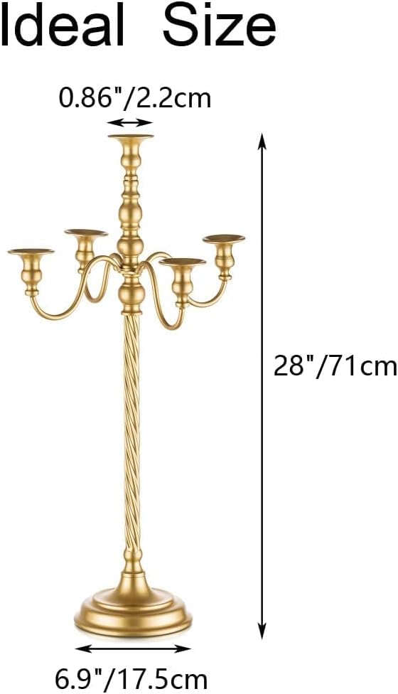 Gold 5 Arm Floor Candelabra - 28" Metal Spiral Candle Holder, Antique Candle Opera Centerpiece Stand for Events