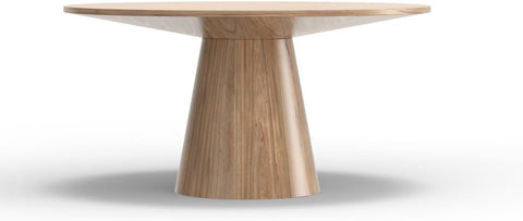 Brown Round Dining Table 59 Inches, Natural Finish with Tapered Pedestal Base, Solid Rubberwood Mindi Veneer, Seats