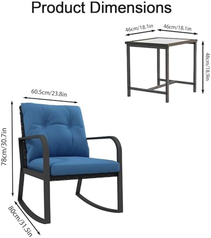3-Piece Wicker Outdoor Patio Furniture Set - Rocking | Blue for Patio, Garden & Porch