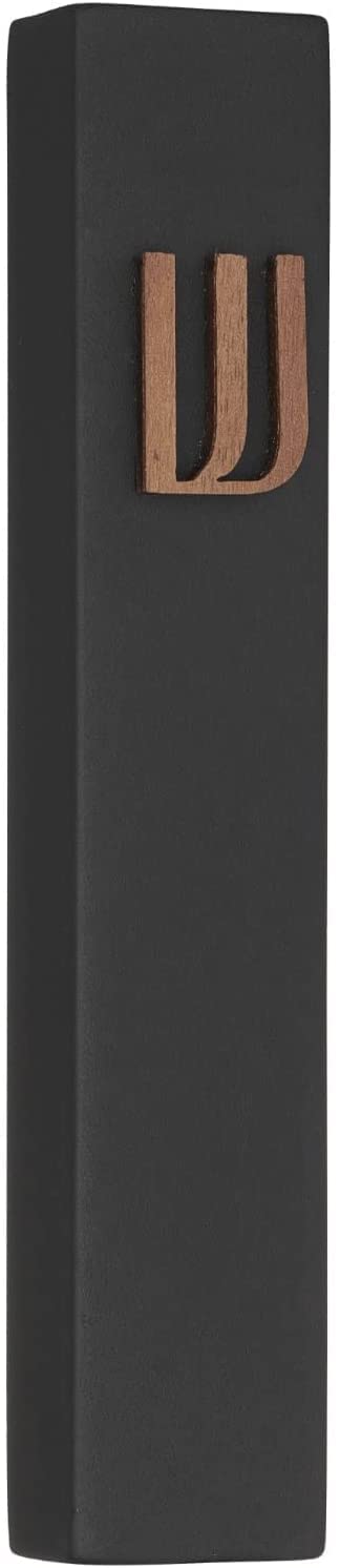 Modern Concrete Mezuzah Case with Scroll, Easy Peel and Stick Mezuza (Black+ Wood Shin, 11 Inches)
