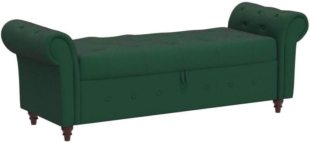 63'' Storage Ottoman Bench Tufted Entryway Bench Dark Green Velvet | Button Tufted End of Bed, Rolled Armed Ottoman