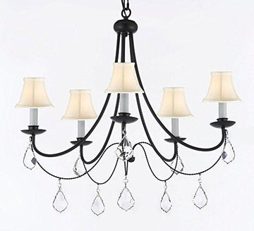 Empress Crystal (Tm) Wrought Iron Chandelier Lighting H.22.5" X W.26" With White Shades - J10-Sc/Whiteshades/B7/26031/5