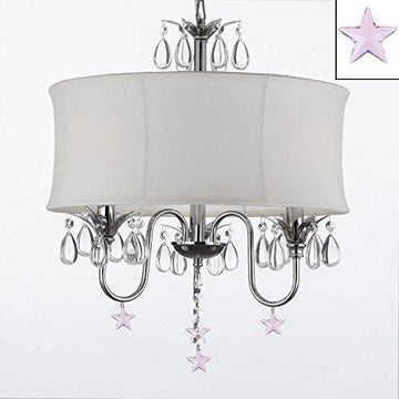 Crystal Chandelier With Large White Shade And Pink Crystal Stars W18" H 22" - J10-B38/White/26033/3