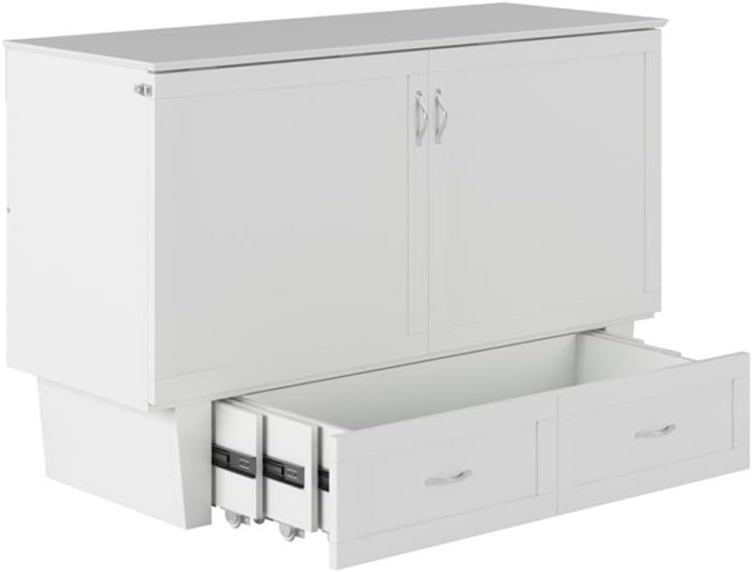 Queen Murphy Bed Chest with 6" Mattress, Storage Drawer & Built-in USB Charger, White