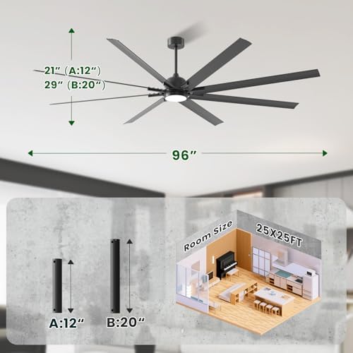 96" Ceiling Fan with LED Light and Remote - Black