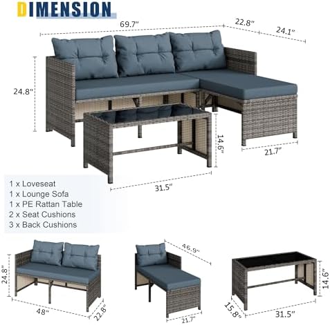 3-Piece Wicker Outdoor Patio Furniture Set | Blue All-Weather Resistant for Patio, Garden & Porch
