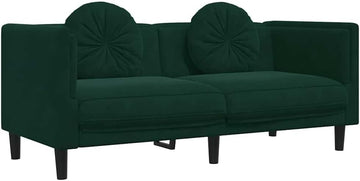 Velvet Loveseat 2-Seater Sofa Dark Green | Thickly Padded Seat, Armrests, Backrest, Round Pillows, Sturdy Legs