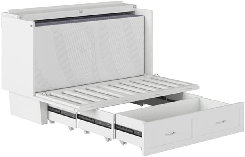 Queen Murphy Bed Chest with 6" Mattress, Storage Drawer & Built-in USB Charger, White