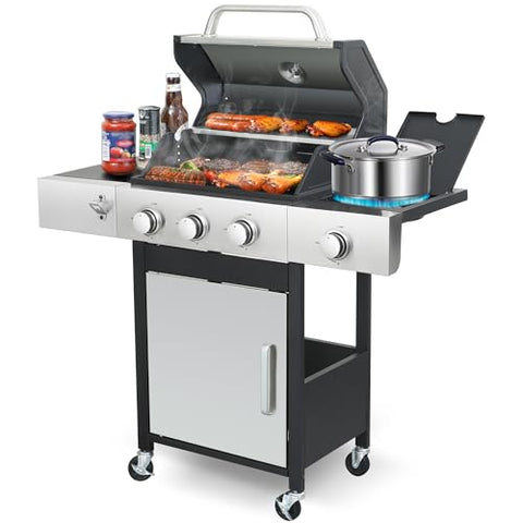 3-Burner Propane Gas Grill with Side Burner, 39,000 BTU Stainless Steel BBQ Grill with Cast Iron Grates, 369 Sq. In. Cooking Area