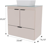24-Inch Floating Bathroom Vanity with Ceramic Sink – Wall-Mounted Cabinet with Tempered Glass Countertop, Soft-Close Doors, and Drawer