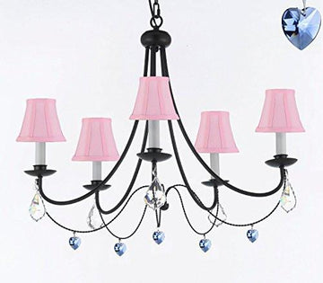 Empress Crystal (Tm) Wrought Iron Chandelier Chandeliers Lighting H.22.5" X W.26" With Pink Shades Swag Plug In-Chandelier W/ 14' Feet Of Hanging Chain And Wire - J10-B16/Sc/Pinkshades/B85/26031/5