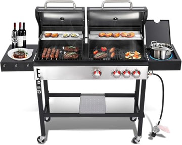 3-in-1 Propane and Charcoal Grill Combo with Side Burner, Griddle and Pot, Cast Iron Grates, 673 Sq. In. Cooking Area