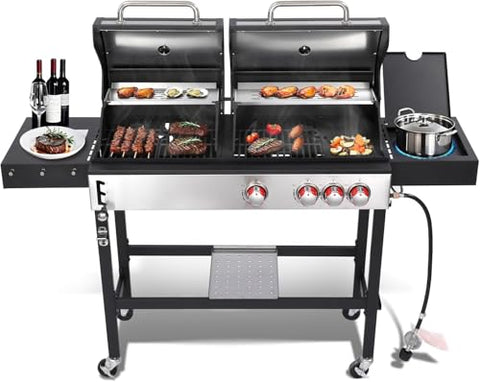 3-in-1 Propane and Charcoal Grill Combo with Side Burner, Griddle and Pot, Cast Iron Grates, 673 Sq. In. Cooking Area