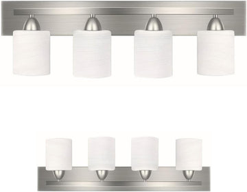 4-Light Bathroom Vanity Bar Light Fixture - Brushed Nickel | Modern Frosted glass shades with E26 socket. Matte Wall