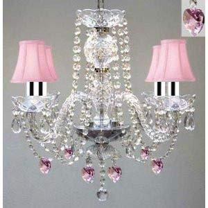 Swarovski Crystal Trimmed Chandelier! Chandelier Lighting W/Crystal Pink Shades & Hearts w/Chrome Sleeves! - J10-B43/B15/B21/PINKSHADES/26098/4 SW