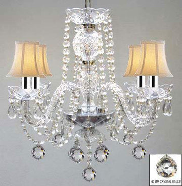 MURANO VENETIAN STYLE ALL CRYSTAL CHANDELIER W/CRYSTAL BALLS AND WHITE SHADES W/CHROME SLEEVES! - J10-B43/B6/WHITESHADES/26098/4