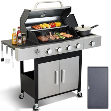 4-Burner Propane Gas Grill, 49,000 BTU BBQ Grill with Cast Iron Grates, Side Burner, Storage Cabinet and Pull-Out Grease Tray