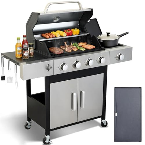 4-Burner Propane Gas Grill, 49,000 BTU BBQ Grill with Cast Iron Grates, Side Burner, Storage Cabinet and Pull-Out Grease Tray