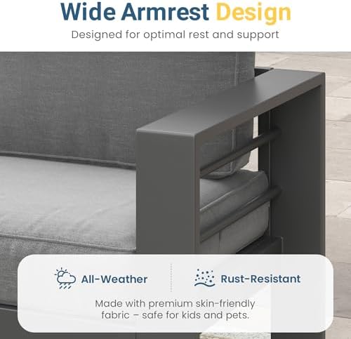 Aluminum Outdoor Patio Furniture Set - Fire Pit | Grey with Thick Cushions for Backyard, Garden & Porch