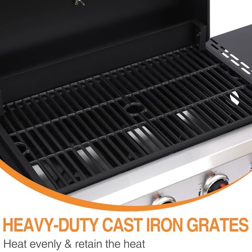4-Burner Propane Gas Grill, 40,000 BTU BBQ Grill with Cast Iron Grates, Folding Side Tables and Grease Pan