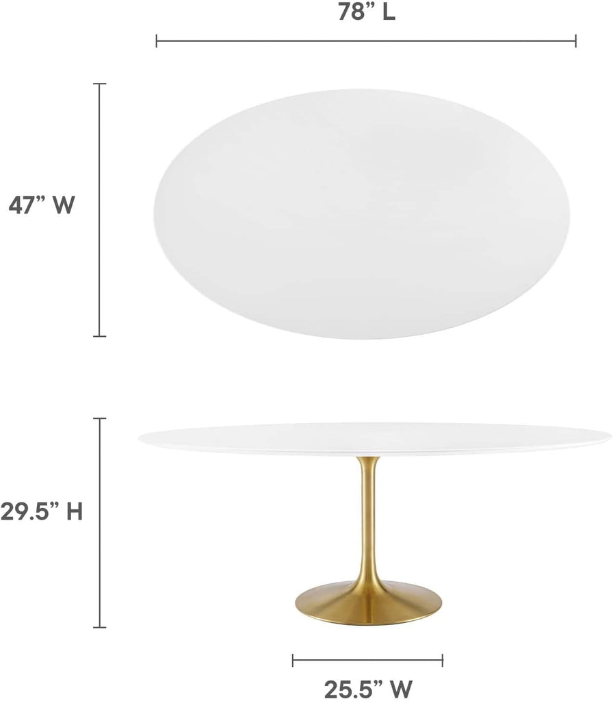 Inspired Saarinen Style Tulip Oval Pedestal Dining Table — Gold Base / White Top, 78″ Oval