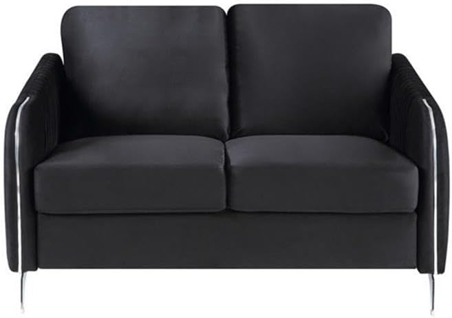 54" Loveseat, Jet Black Velvet Upholstery, Vertical Quilted Back, Angled Metal Legs, Sloped Armrests with Chrome