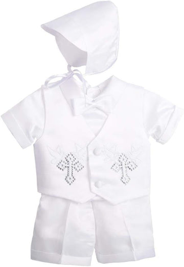 Baby Boys Christening Suit White Baptism Outfits with Bonnet