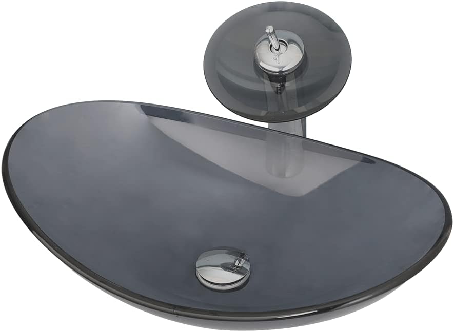 22" x 14" Oval Grey Vessel Sink Glass Sinks Bowl Above Counte, Bathroom Sink with Faucet and Drain Tempered Glass Sinks