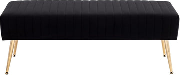 44 Inch Bedroom Bench, Upholstered Tufted Striped Fabric Ottoman Benches with X-Shaped Metal Legs Solid Wood Indoor