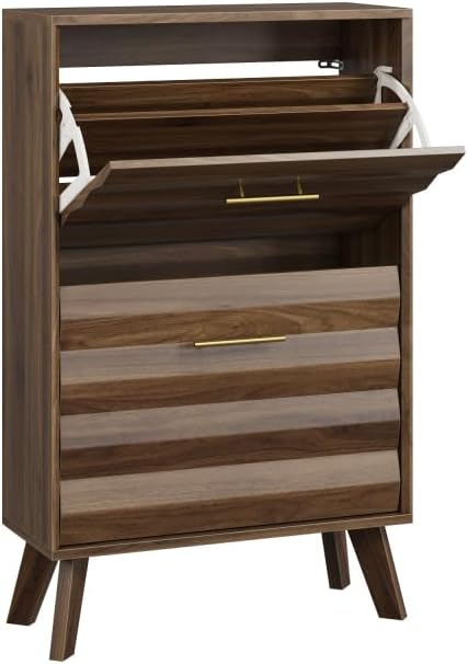 Slim Flip-Top Shoe Cabinet, Mid-Century Modern, 23.6in | Dual Tilt-Out Doors, Open Top Shelf, Angled Solid Wood Legs