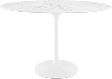 Lippa 48" Oval-Shaped Mid-Century Modern Dining Table with Artificial Marble Top and White Base