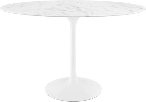 Lippa 48" Oval-Shaped Mid-Century Modern Dining Table with Artificial Marble Top and White Base