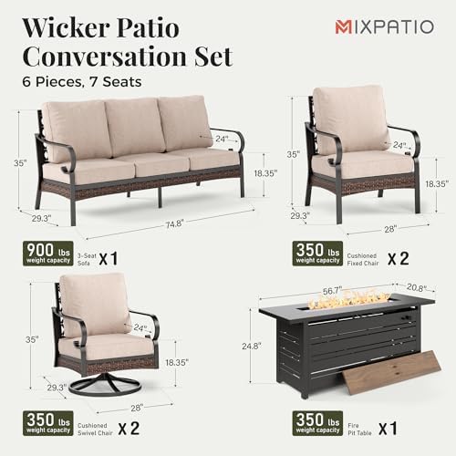 Metal Outdoor Patio Furniture Set - Fire Pit | Beige with Thick Cushions for Patio, Garden & Porch