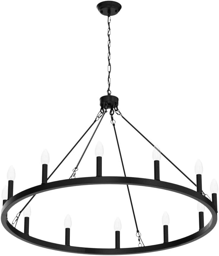 Inspired Camino Style Chandelier - Black Large Wagon Wheel Chandelier 38 inch, 12 Lights Farmhouse Chandelier, Industrial Rustic Candle Pendant Light Fixture for High Ceiling Living Room Dining Room Entryway