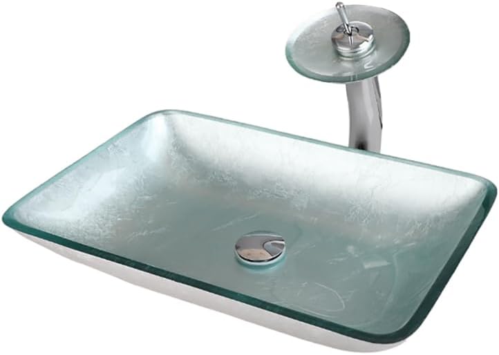 Tempered Glass Vessel Sink with Waterfall Faucet and Drain Combo 22 Inch Silver Rectangular Glass Bathroom Vessel