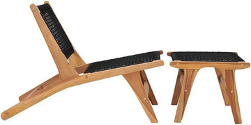 Teak Wood Sun Lounger with Detachable Footrest and Rope Design, Solid Teak Patio Chaise Lounge Chaise Lounge