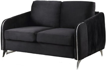 54" Loveseat, Jet Black Velvet Upholstery, Vertical Quilted Back, Angled Metal Legs, Sloped Armrests with Chrome