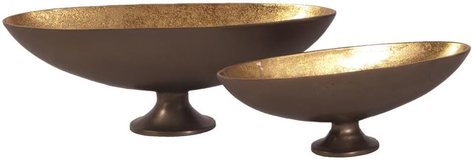 Oblong Gold Footed Bowl for Centerpiece, Decorative Bronze Footed Bowl with Gold Luster Inside Counter, Console