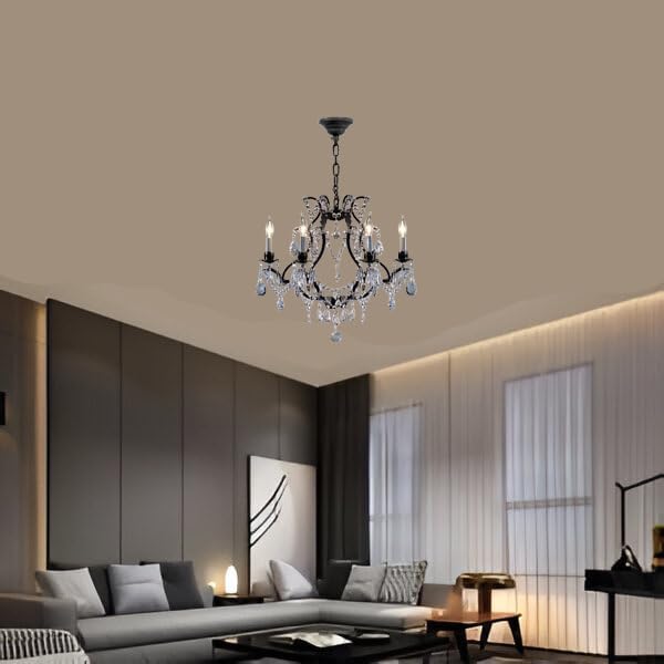 Black Wrought Iron & Crystal Chandelier Modern Farmhouse Chandelier for Dining Room Chandelier Light,Dining Room Light Fixture - 6 Lights 20" x 19"