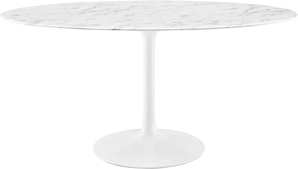 Lippa 60" Oval-Shaped Mid-Century Modern Dining Table with Artificial Marble Top and White Base