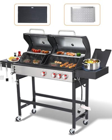 Propane and Charcoal Grill Combo with Side Burner, 41,500 BTU 2-in-1 Griddle Grill, 673 Sq. In. Cooking Area