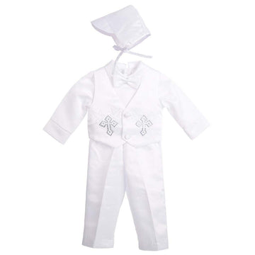 Baby Boys Christening Clothing Baptism Outfits with Bonnet Long Sleeve White Suit Months