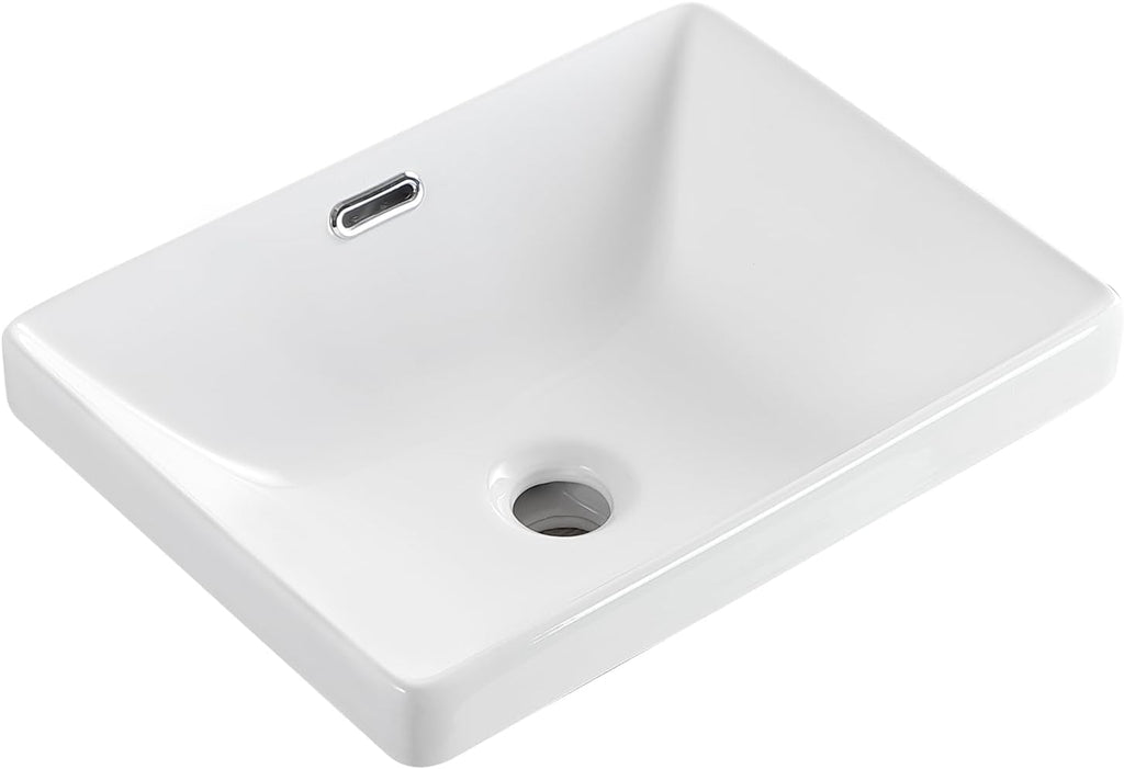 Bathroom Vessel Sink 16.7" X 12.6" Semi Recessed Bathroom Sink Rectangular Drop In Bathroom Sinks with Overflow White Ceramic Vessel Sinks
