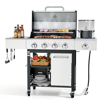 Propane Gas Grill with Side Burner, 50,000 BTU Stainless Steel BBQ Grill with Wheels for Patio and Backyard (Silver)