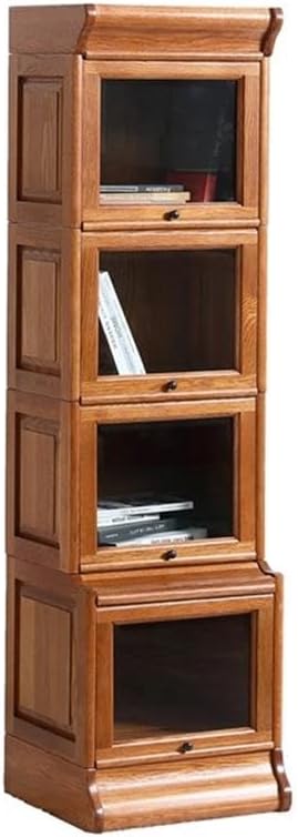 Modern Wood Narrow Barrister Bookcase, Cherry Oak Finish, 67.5" H x 18" W x 17" D, 4 Stacks with Beveled Glass Doors
