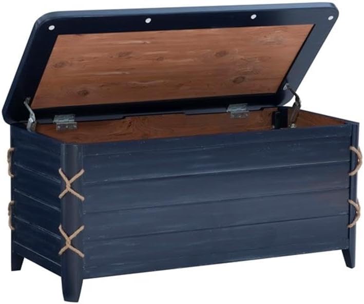 Modern Wood Rope Storage Chest, 38" L x 18" D x 18" H, Cedar Lined, Blue Finish, Paneled Design with Rope Trim