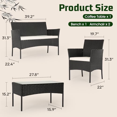 4-Piece Wicker Outdoor Patio Furniture Set - Conversation | Black for Patio, Garden & Porch